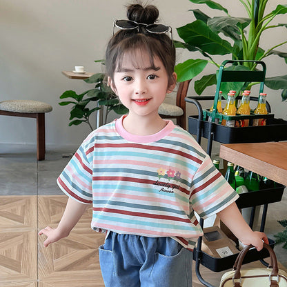 Children's summer striped tops short-sleeved cotton T-shirts elastic printed flowers kindergarten elementary school elastic loose middle and large children