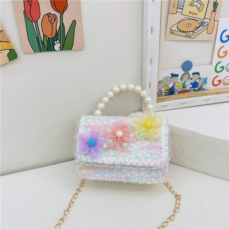 New diamond pattern children's bag fashionable pearl handbag simple chain crossbody small square bag small Chanel style shoulder bag