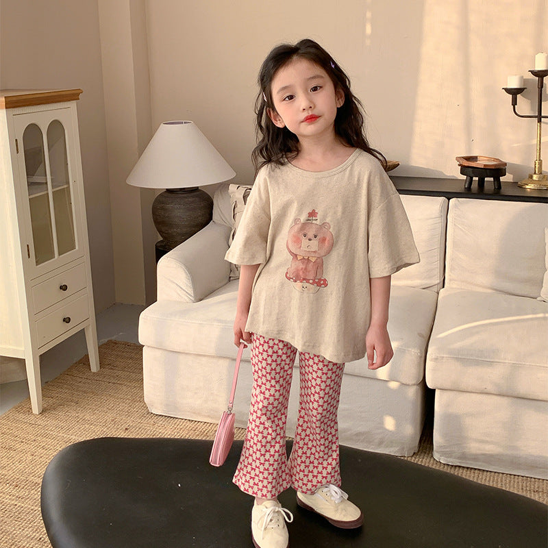 2024 Spring New Korean Version Small and Medium Children Baby Bow Printed Trousers Girls Fashion Elastic Flared Pants