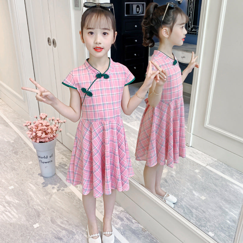 Girls short-sleeved cheongsam dress 2024 summer new Chinese style retro style dress Western style cotton plaid skirt