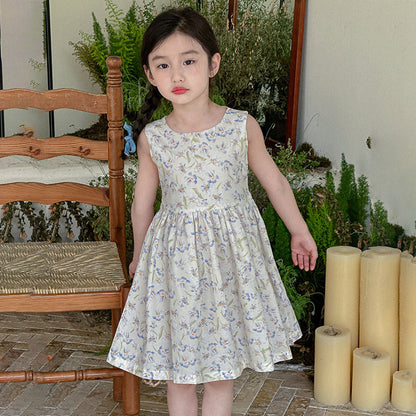 Children's summer cotton dress cotton floral skirt thin cool fat vest skirt pastoral style children's summer vacation travel