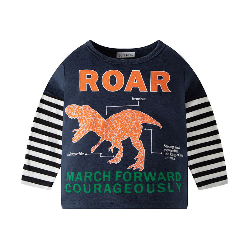 Autumn new children's long-sleeved T-shirt cartoon dinosaur trend color matching boy baby round neck sweater children's clothing wholesale