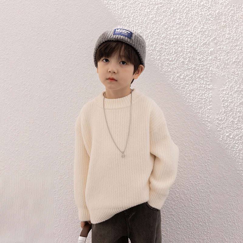 Amo Beibei children's 2023 winter warm sweater for boys and girls baby thickened solid color bottoming round neck sweater