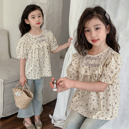 Children's girls summer new Chinese retro short-sleeved cotton floral shirt Republic of China style buttoned Hanfu pure cotton top