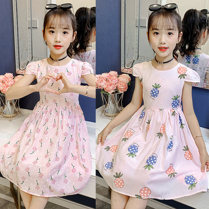 Girls dress 2024 summer new children's stylish printed cotton skirt little girl short-sleeved cartoon vest skirt 