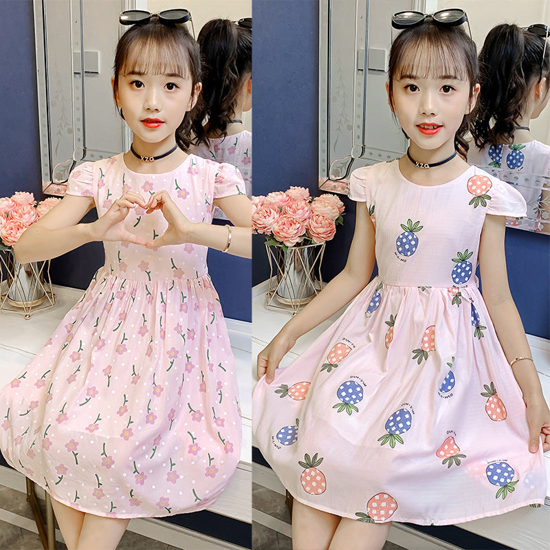 Girls short-sleeved dress 2024 summer new children's stylish printed cotton skirt little girl cartoon vest skirt