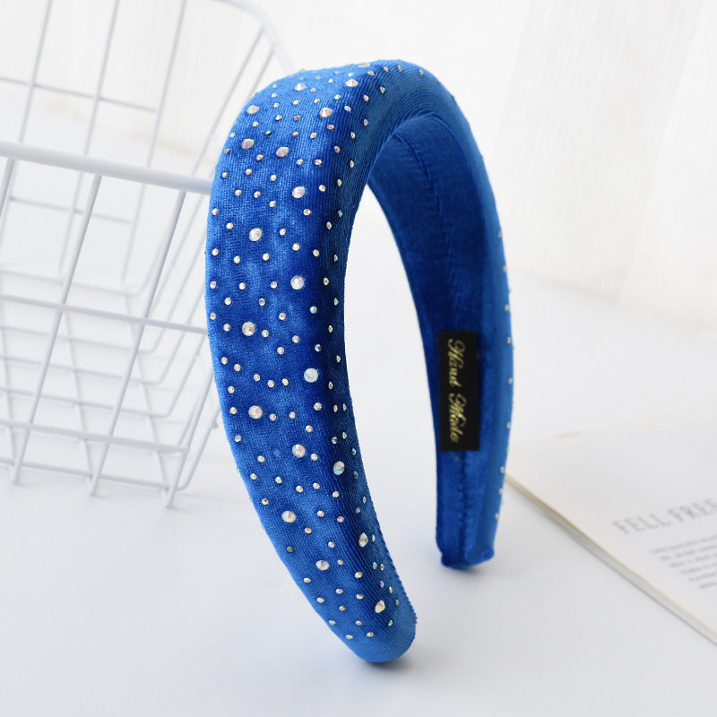 New French headband for women European and American retro diamond-studded sponge flat head buckle solid color fabric wide-brimmed headband hair cave for women