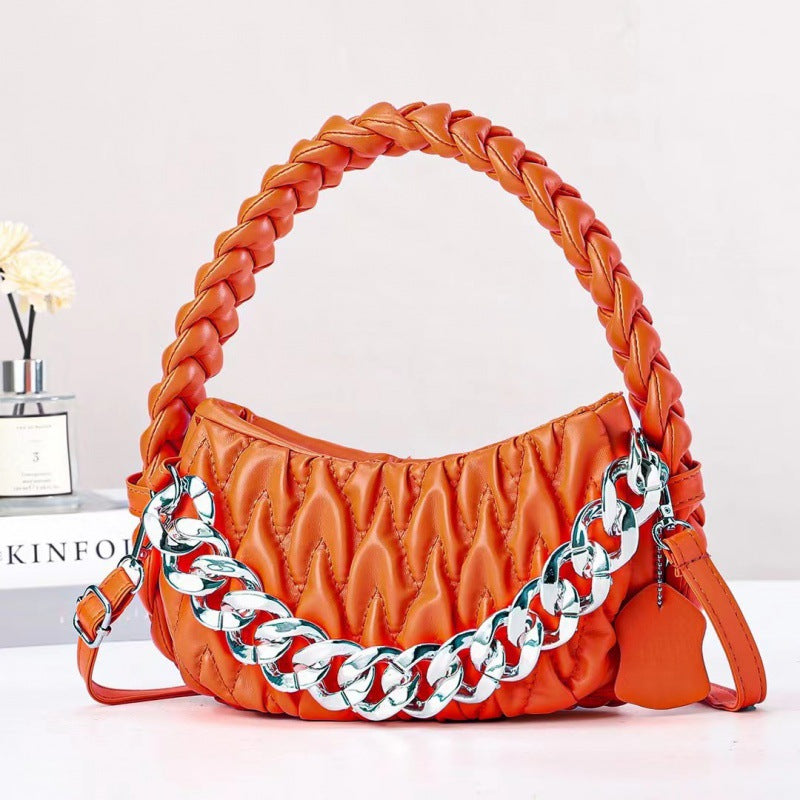 Niche 2024 autumn and winter new trend fashion woven handbag soft leather wrinkled shoulder crossbody chain bag 