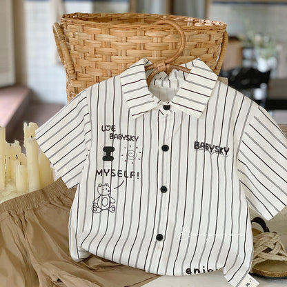 Children's shirt Bangcheng 2024 summer boys and girls black and white vertical striped shirt children's clothing lapel short-sleeved top G0173