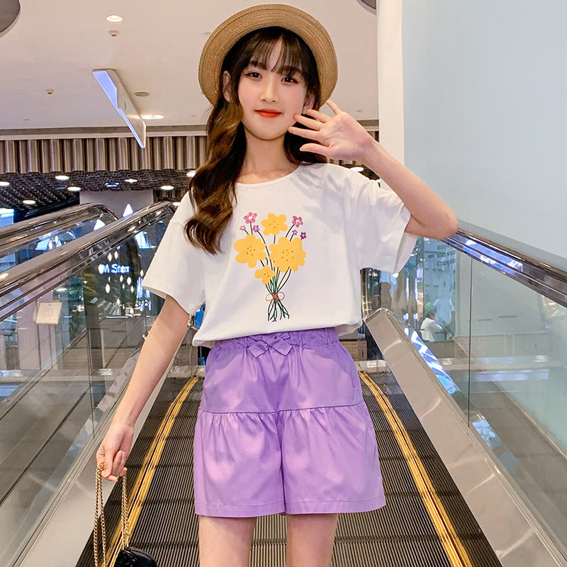 Girls summer suit short-sleeved shorts two-piece suit printed bow tie middle and large children's cotton elastic fashionable trend