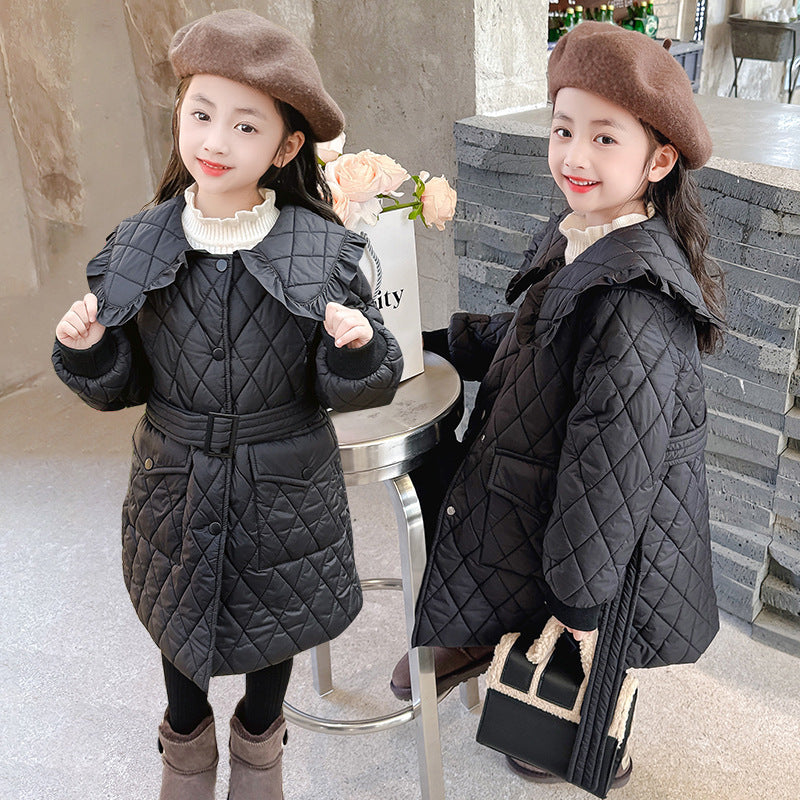 Girls 2024 new coat cotton, checkered quilted cotton , light cotton coat , extension belt , Korean style campus style jacket , fashionable