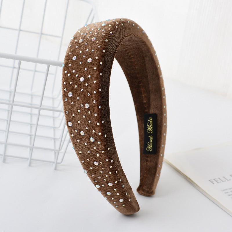 New French headband for women European and American retro diamond-studded sponge flat head buckle solid color fabric wide-brimmed headband hair cave for women