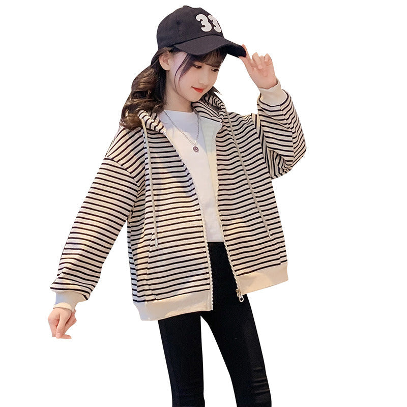 Boys and girls jackets 2024 new velvet thickened spring and winter hooded cardigan zipper striped sports warm jacket