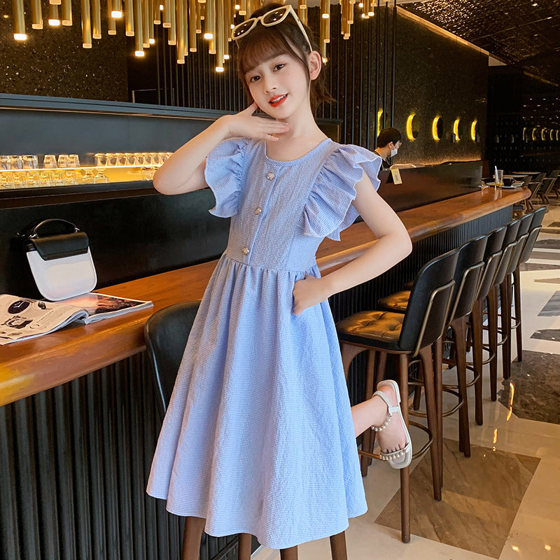 Children's 2024 new summer cotton pastoral style dress plaid fragrance style flying sleeves flying edge net celebrity princess long skirt