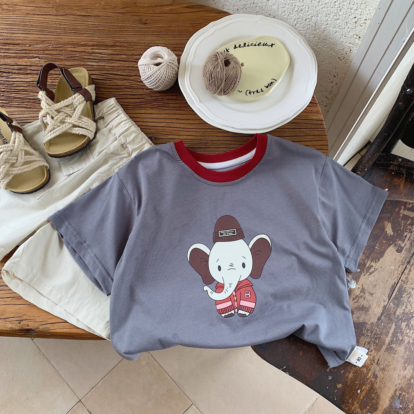 Children's T-shirt Bangcheng 2024 summer boys' contrasting color collar short-sleeved new children's clothing cartoon elephant short T-shirt trendy G0098