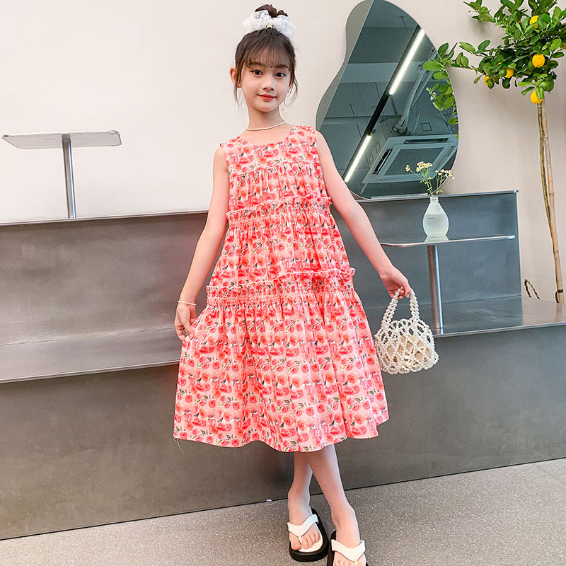 Girls summer cotton skirt pure cotton dress floral Korean vest skirt middle and older children primary school middle school foreign style fashionable