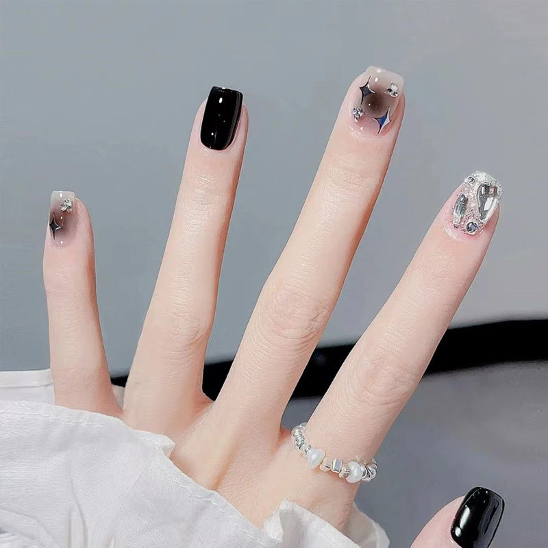 Wearable nail art finished product wholesale Douyin hot short black aurora crushed diamond nail stickers false nails nail pieces 