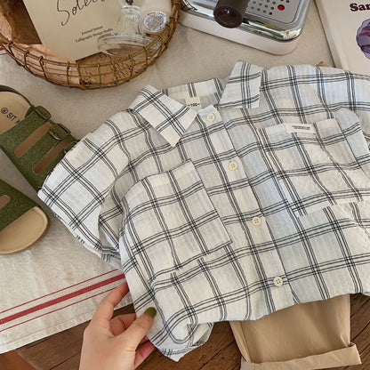 Children's shirt 2023 Bangcheng summer style boys and small children's simple plaid short-sleeved shirt casual top trend F0106