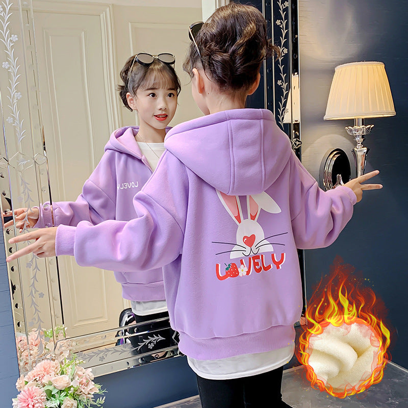 Children's winter hooded sweater with velvet and thickened cotton warm double-layer hooded cardigan for middle and large children and girls elementary school students