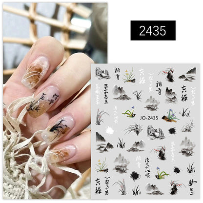 Chinese style stickers bamboo bamboo leaves retro ultra-thin strap glue orchid rose ancient style poetry net red nail stickers