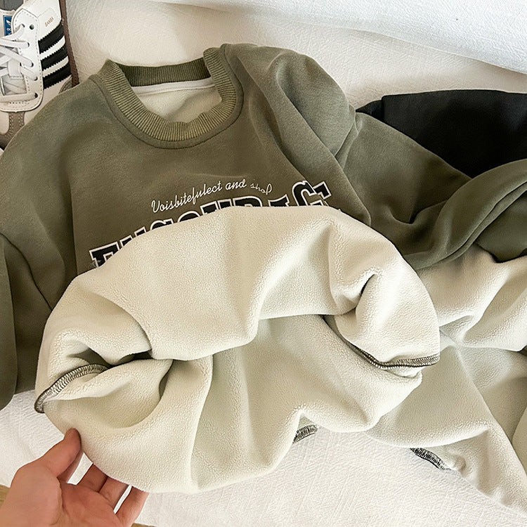 [Clearance Sale] Boys 2023 Winter Letter Plush Warm Sweatshirt Baby Handsome Sand Washed Gradient Color Top