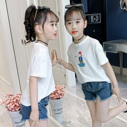 Girls short-sleeved T-shirt 2024 summer new style for middle and large children cartoon print round neck T-shirt sports cotton T top