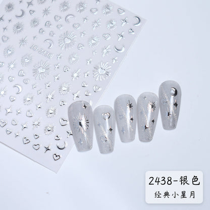 Internet celebrity gold and silver star and moon nail stickers liquid hollow metal four-star mango bubblegill waterproof adhesive nail stickers