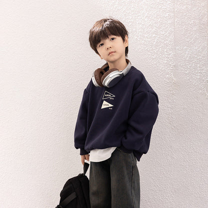 Amo Beibei boy 2023 winter style plus velvet handsome letter top baby composite Austrian grain velvet loose sweater trend