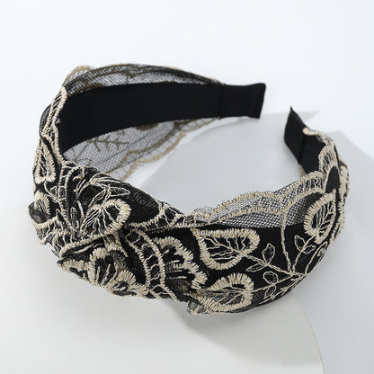 Headband wide-brimmed mesh lace knotted headband female hair accessories French embroidery headband for wearing outside and versatile hair clips wholesale