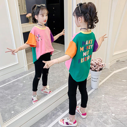 Girls short-sleeved T-shirt 2024 new children's summer clothes for middle and large children's clothes with fashionable cartoon prints and contrasting colors pure cotton tops