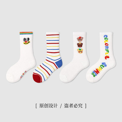 Children's socks 2024 summer boys and girls thin cartoon socks striped boneless mesh cotton socks mid-tube socks 4 pairs