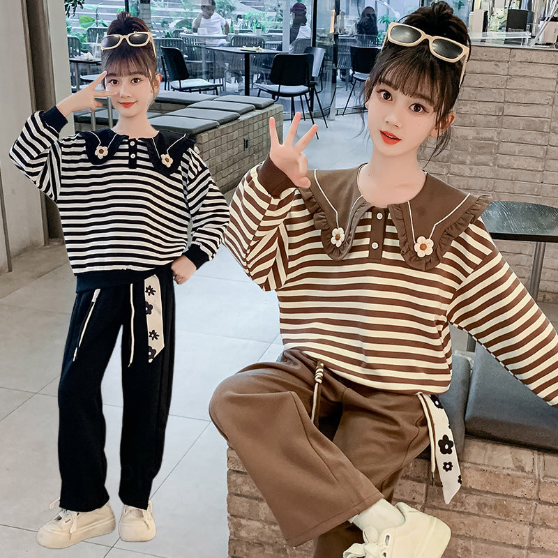 2024 Girls Autumn Suit Striped Sports Korean Two-piece Set Elastic Flower Middle and Large Children Student Kindergarten Western