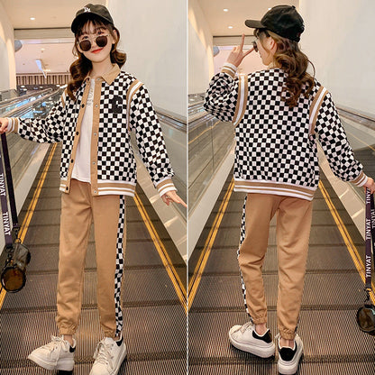 2024 new suits for middle and large children girls and boys checkerboard spring and autumn sports elastic loose baseball uniform two-piece suit