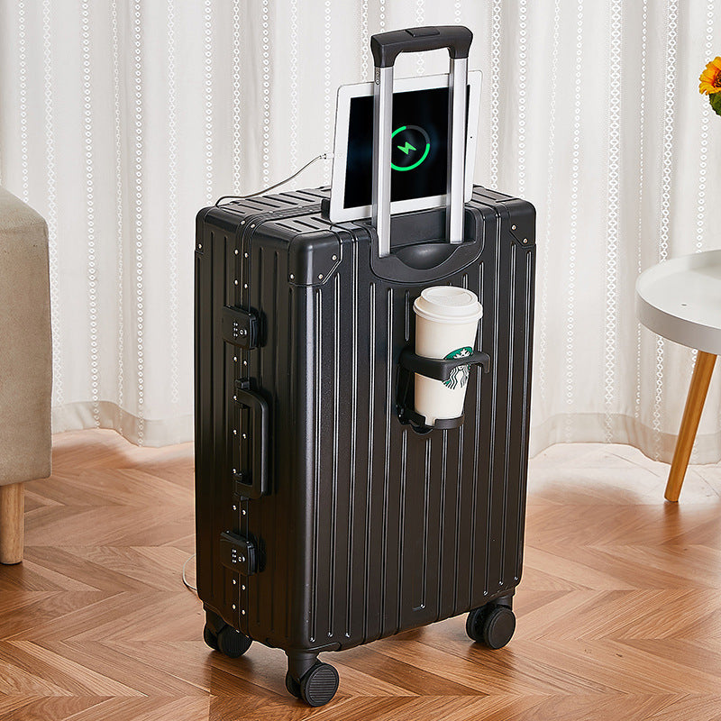 Aluminum frame with USB port luggage multifunctional women's and men's cup holder password travel trolley case 20 inch cabin case 