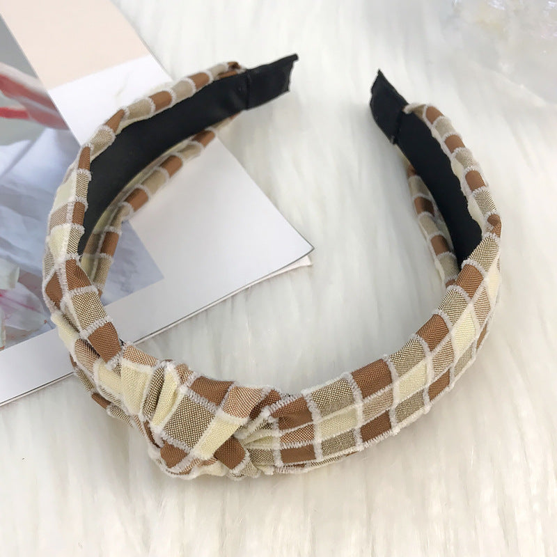 European and American Christmas headband for women Korean style cute sweet temperament knotted head buckle fabric wide edge plaid headband hair cave