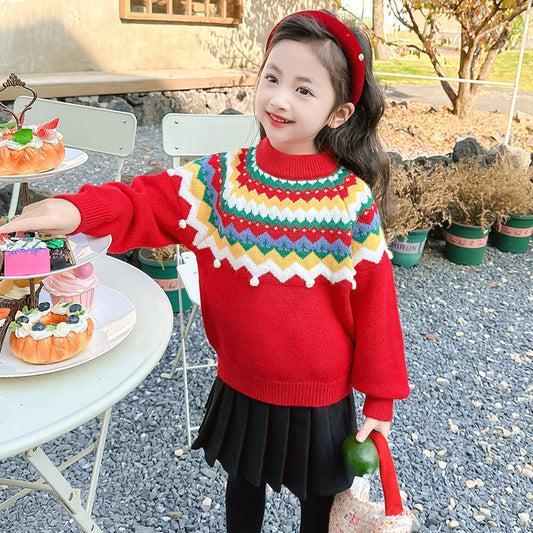 Girls' new sweater pullover knitted sweater bottom line sweater Christmas red top thick warm round neck outer wear