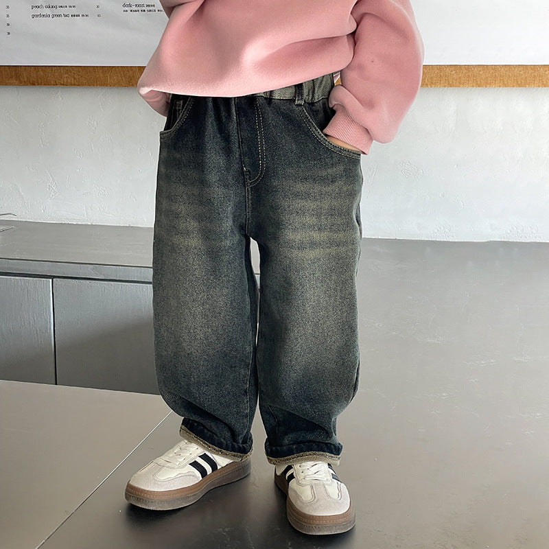 Amo Beibei children's thickened velvet denim straight pants boys and girls 2023 winter warm color matching pocket trousers