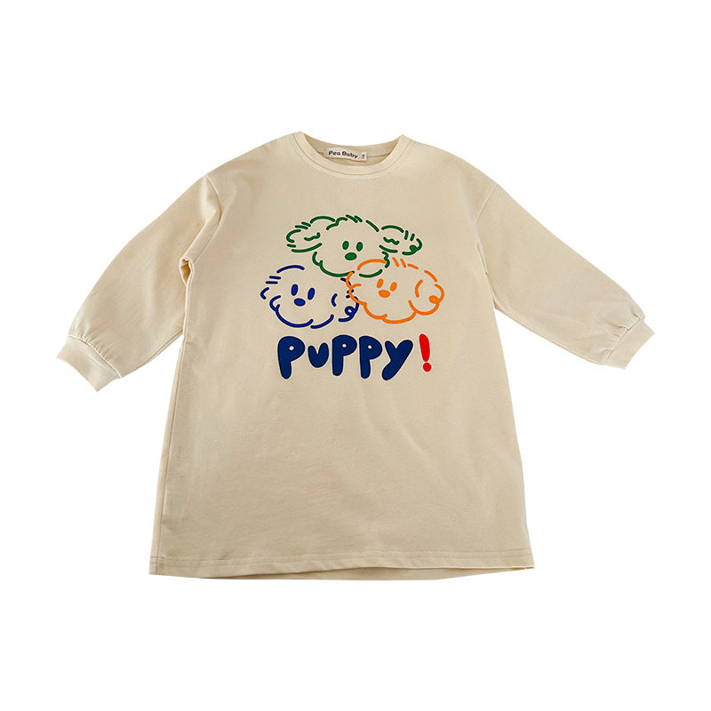 Korean children's clothing 2024 spring new style girls' cute puppy print T-shirt children's mid-length long-sleeved tops