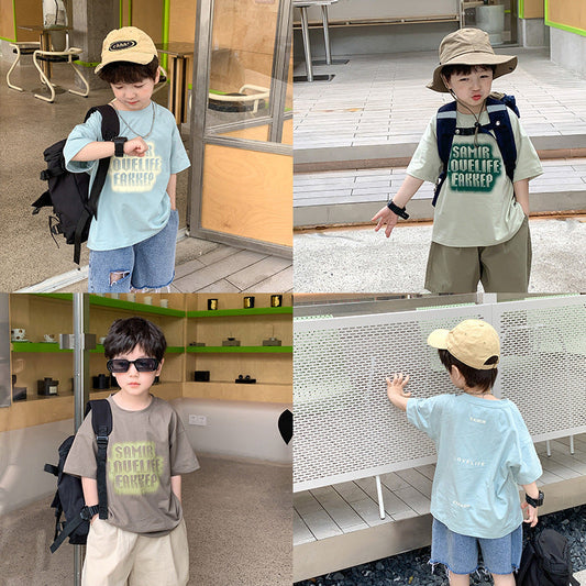 Children's 2024 summer temperament loose soft cotton tops for boys and girls Korean version of letter printing short-sleeved T-shirts