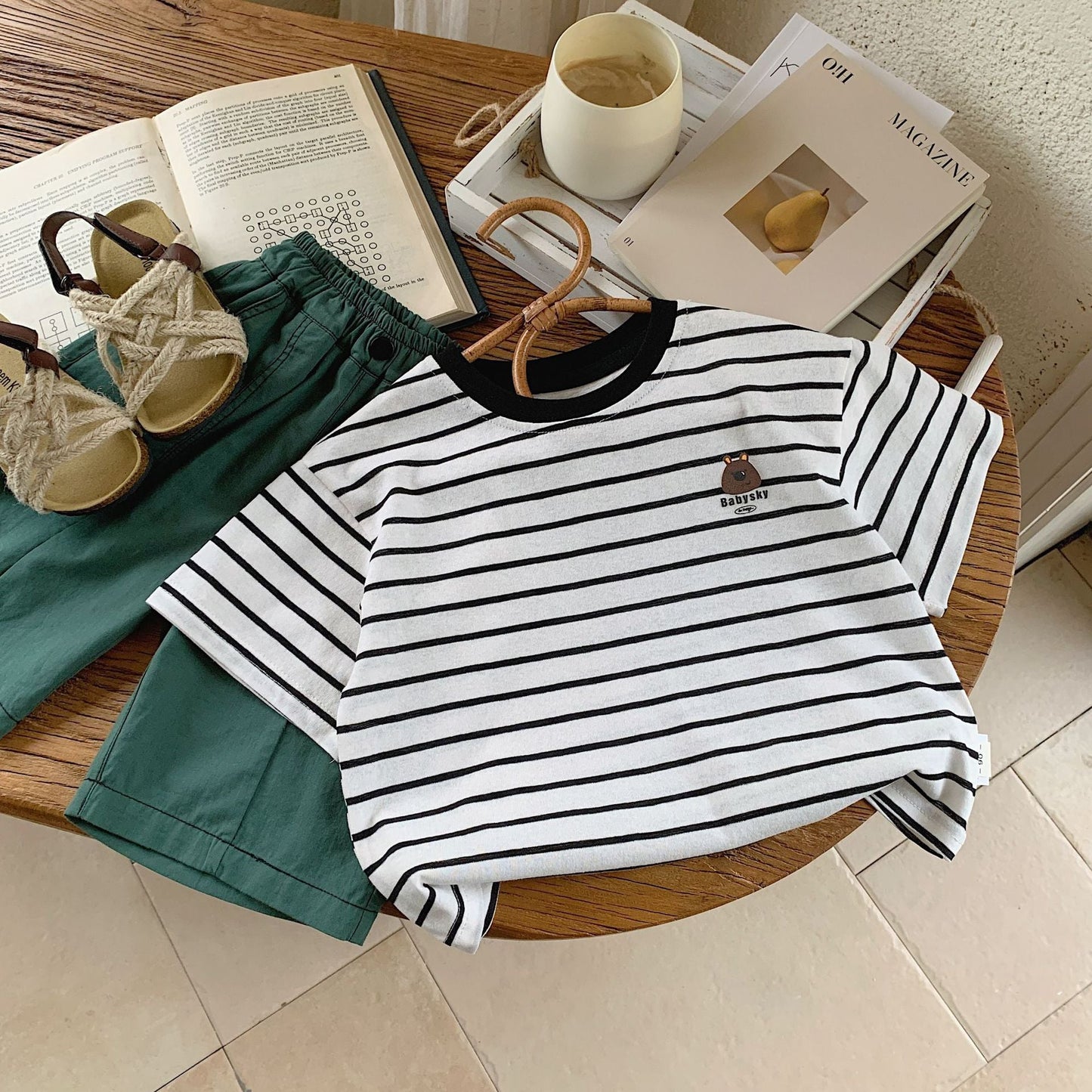 Children's T-shirt Bangcheng 2024 summer boys striped short-sleeved new children's clothing bear print short T-shirt G0117