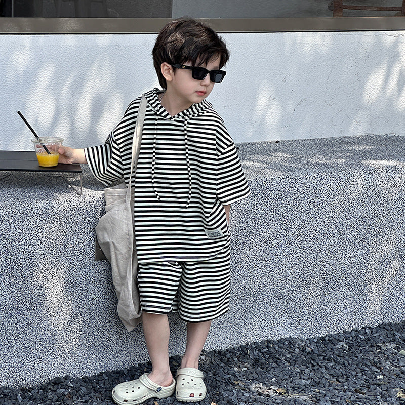 Amo Baby Children 2024 Summer Striped Loose Hooded Sweater Suit Fashion Boys and Girls Baby Shorts Two-piece Set