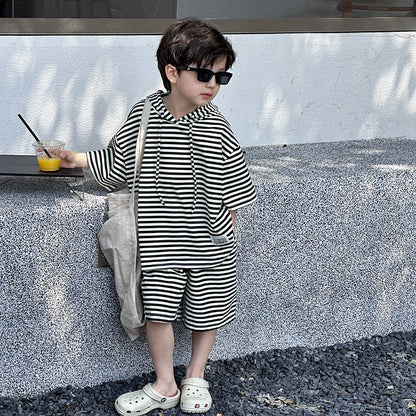 Amo Baby Children 2024 Summer Striped Loose Hooded Sweater Suit Fashion Boys and Girls Baby Shorts Two-piece Set