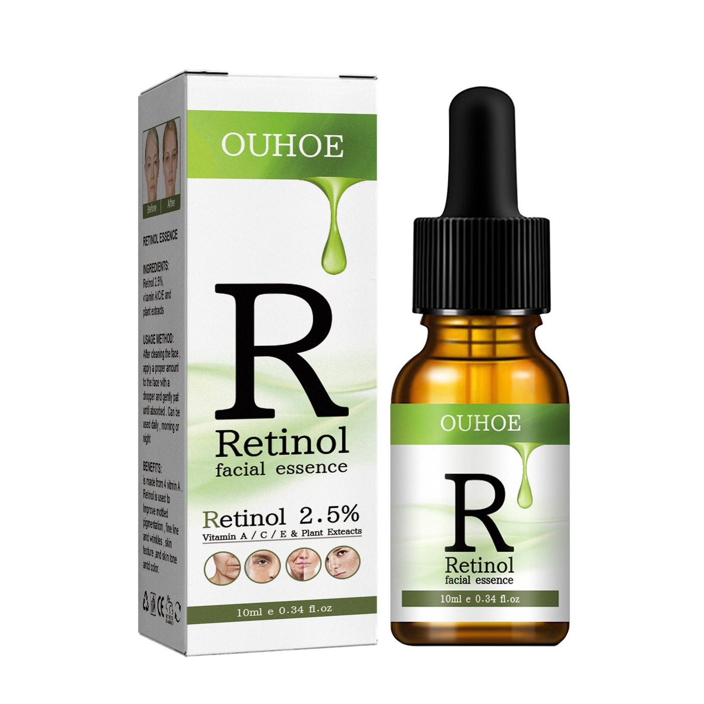 OUHOE Retinol Essence បំបាត់ផ្នត់ nasolabial ស្នាមជ្រួញជុំវិញភ្នែក ប្រឆាំងភាពជ្រីវជ្រួញ បន្តឹងស្បែក ភ្លឺ និងរលោង។ 