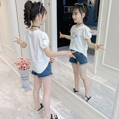 Girls short-sleeved T-shirt summer 2024 new children's trendy puff sleeve tops medium and large children's cotton printed T-shirt