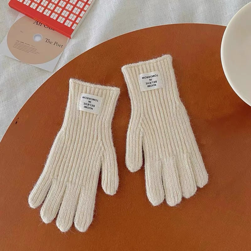 Children's 2023 winter thick wool warm color matching gloves for boys and girls baby letter label hole five-finger gloves