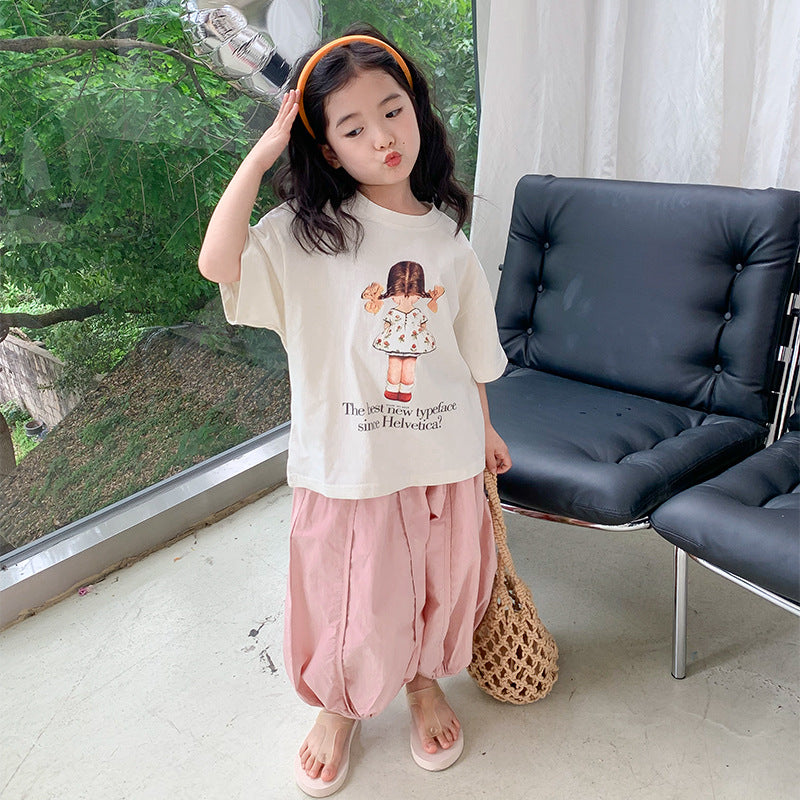 2024 Summer Children's T-shirt Girls Short-sleeved Children's Clothing Korean Style Casual Cartoon Print Round Neck Small Children's Tops New