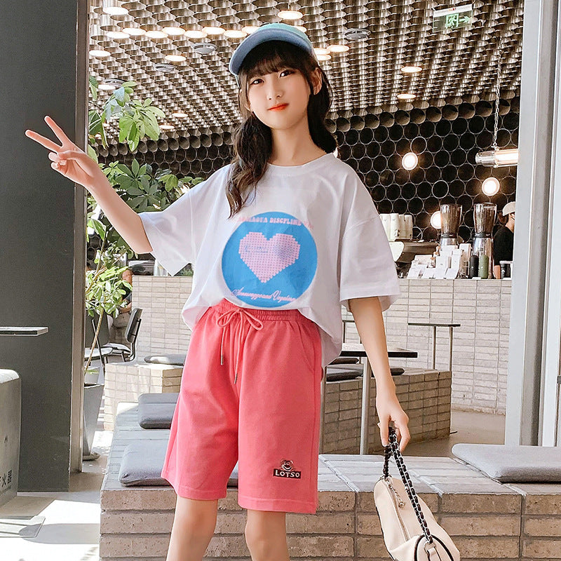 Girls summer cotton short-sleeved T-shirt cartoon print net celebrity top children's medium and large children's T-shirt knitted cotton sweater trend