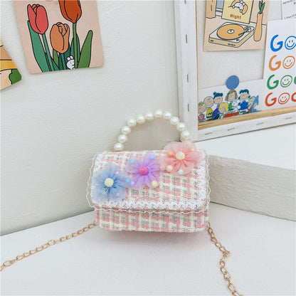 New diamond pattern children's bag fashionable pearl handbag simple chain crossbody small square bag small Chanel style shoulder bag