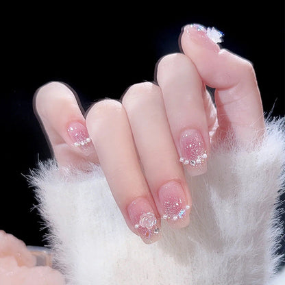 Hand-made wearable nail pieces wholesale medium and long pink ice camellia nail art finished nail patch jelly glue