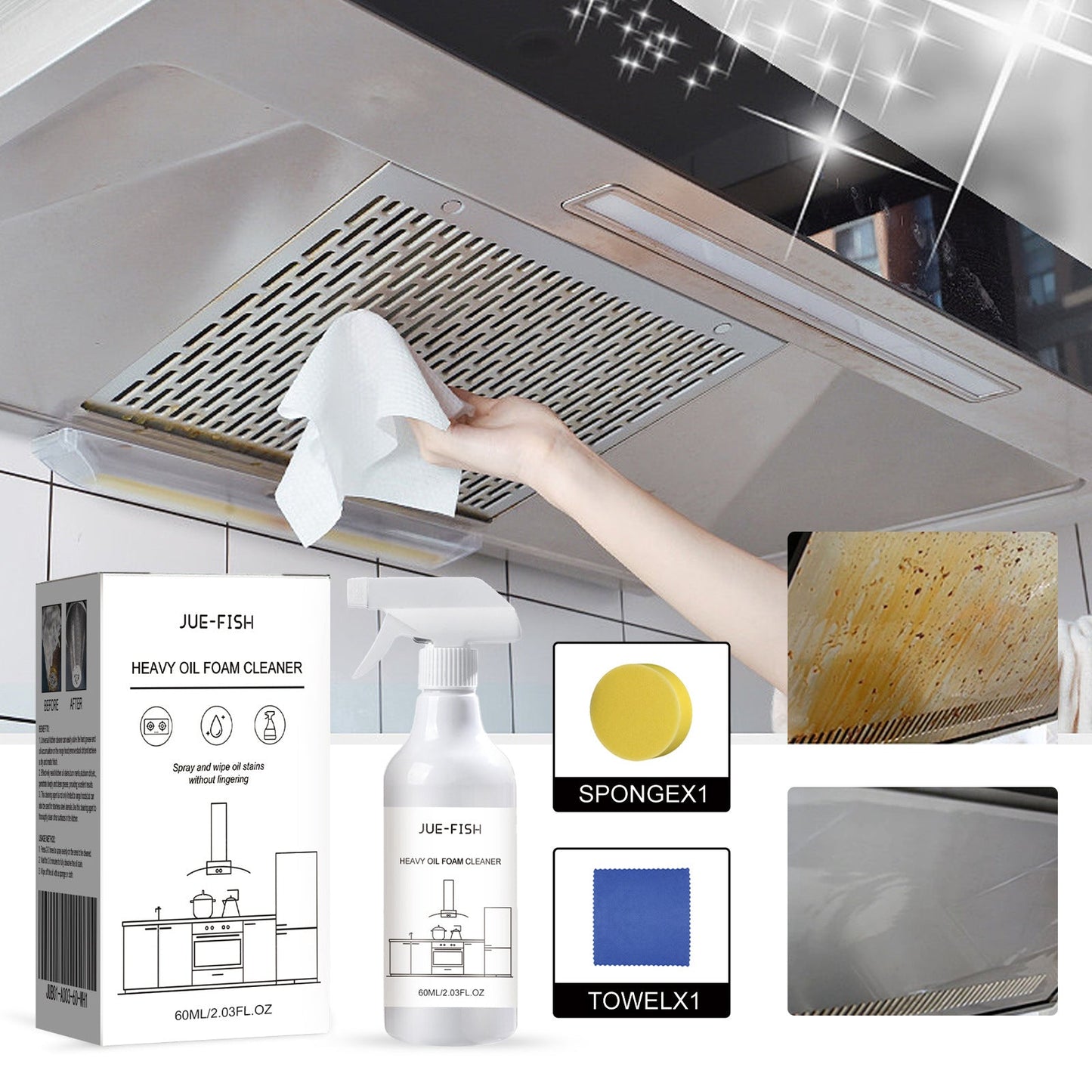 JUE-FISH heavy oil foam cleaner range hood kitchen stove wash basin grease remover grease net 